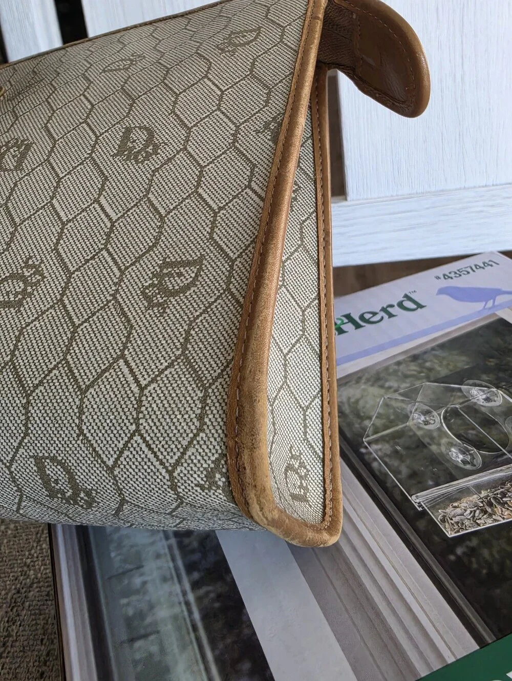 Authentic Christian Dior Beige Monogram Cosmetic Pouch with Tan Trim